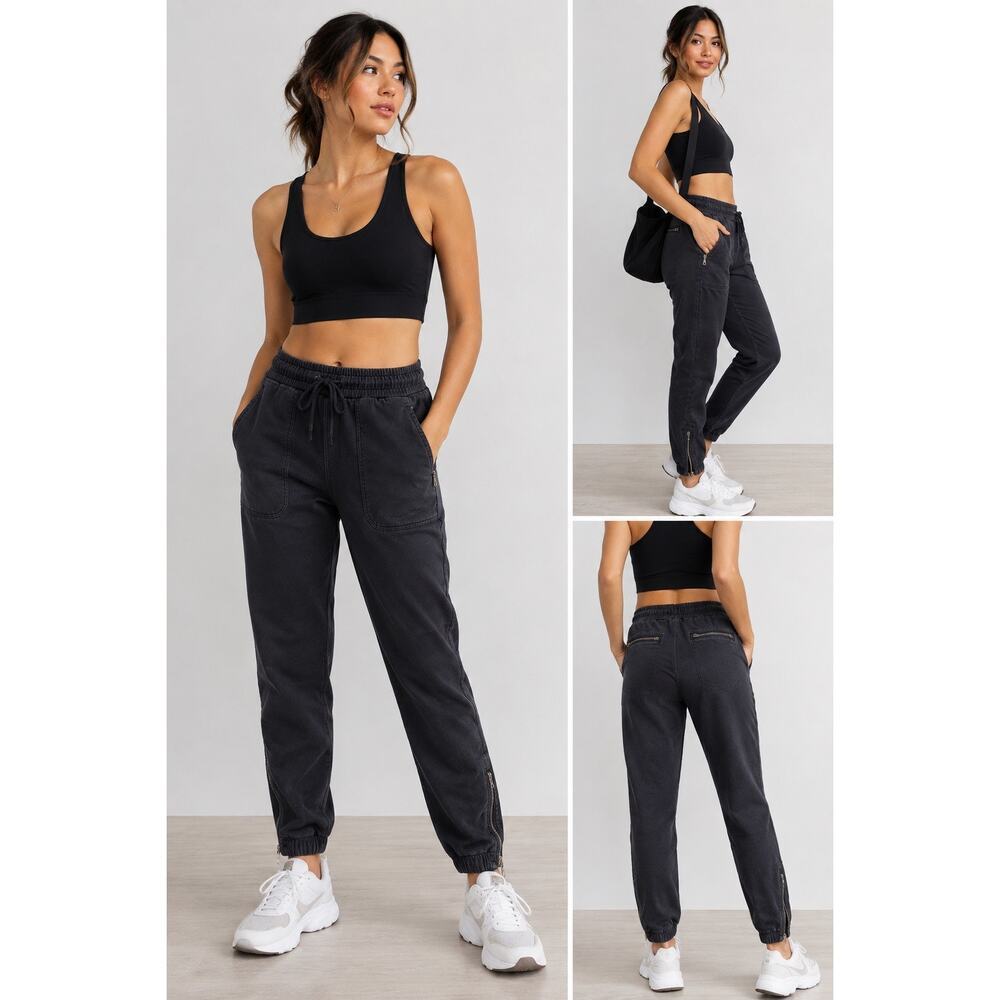 Athleta Black Zip Hem Jogger Pants Size 4 Utility Lounge Athleisure Cotton Blend